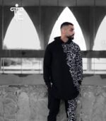 Black hoodie and jogger set with Arabic calligraphy print by Isla Elegance