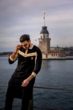 Classic contrast polo in black and beige by Isla Elegance, Istanbul