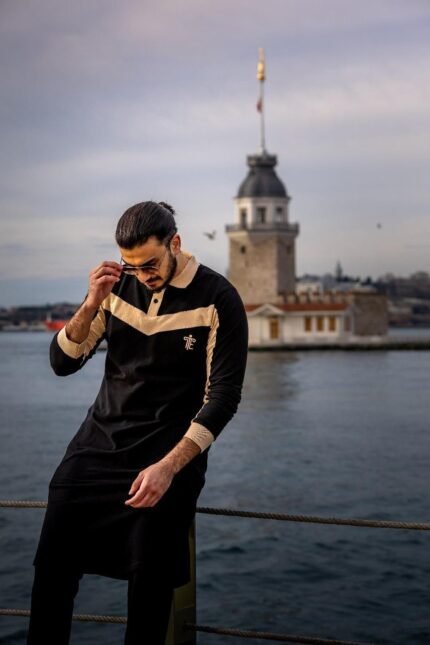 Classic contrast polo in black and beige by Isla Elegance, Istanbul