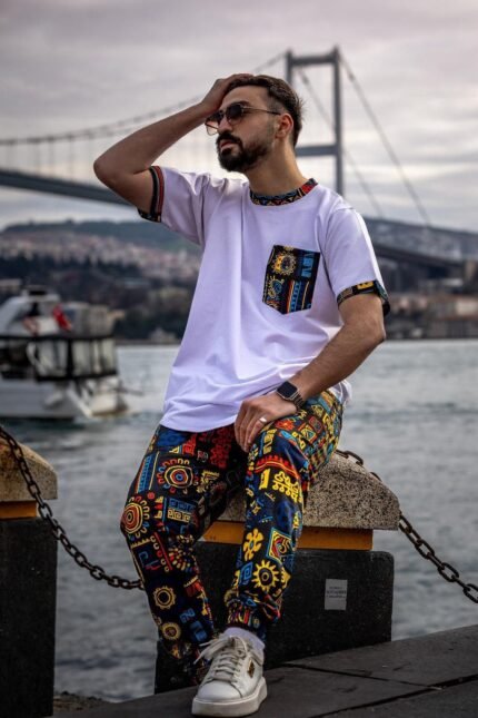 White T-shirt with colorful printed pocket and trims by Isla Elegance