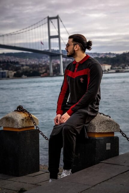 Classic contrast polo in black and red by Isla Elegance, Bosphorus Bridge