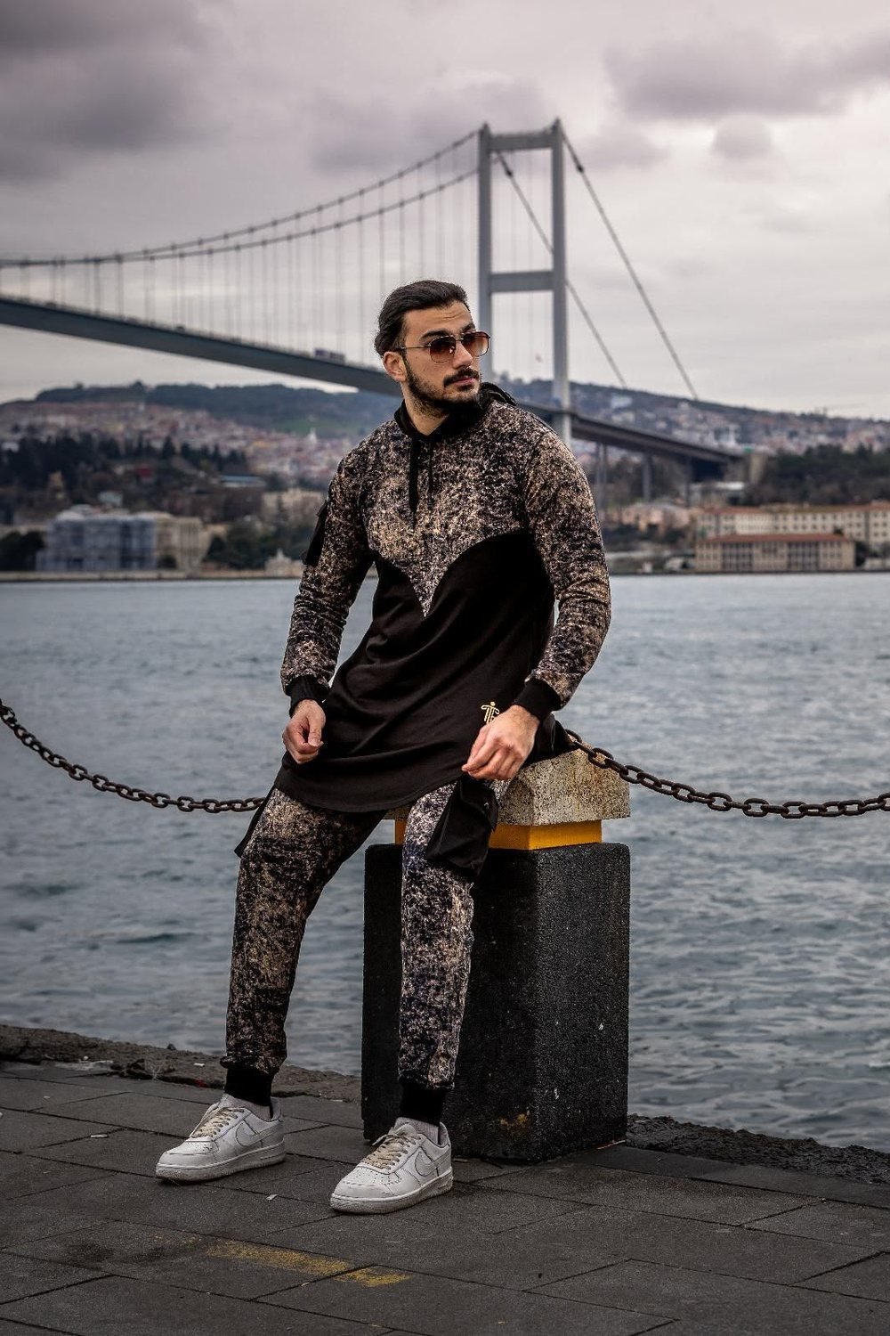 Gold and black marble-print hoodie set by Isla Elegance, Bosphorus Bridge